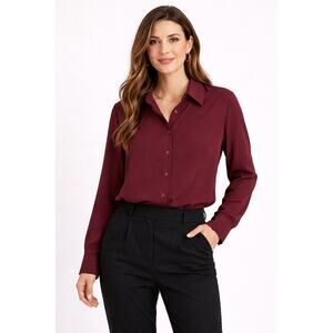 Christie and Jill Womens Blouse Size 10 Burgundy Button Front Long Sleeve